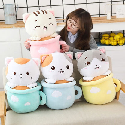 Cute Happy Teacup Cat Pillow Plushie with a Soft Blanket