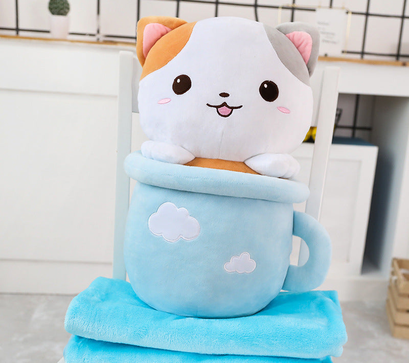 Cute Happy Teacup Cat Pillow Plushie with a Soft Blanket