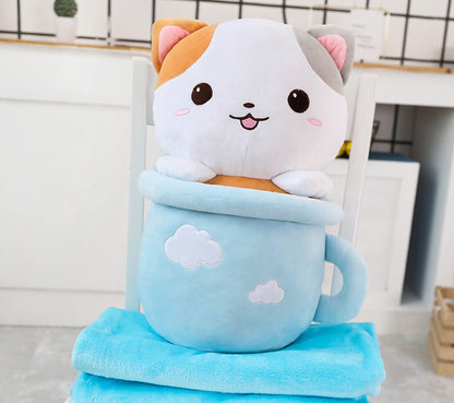 Cute Happy Teacup Cat Pillow Plushie with a Soft Blanket