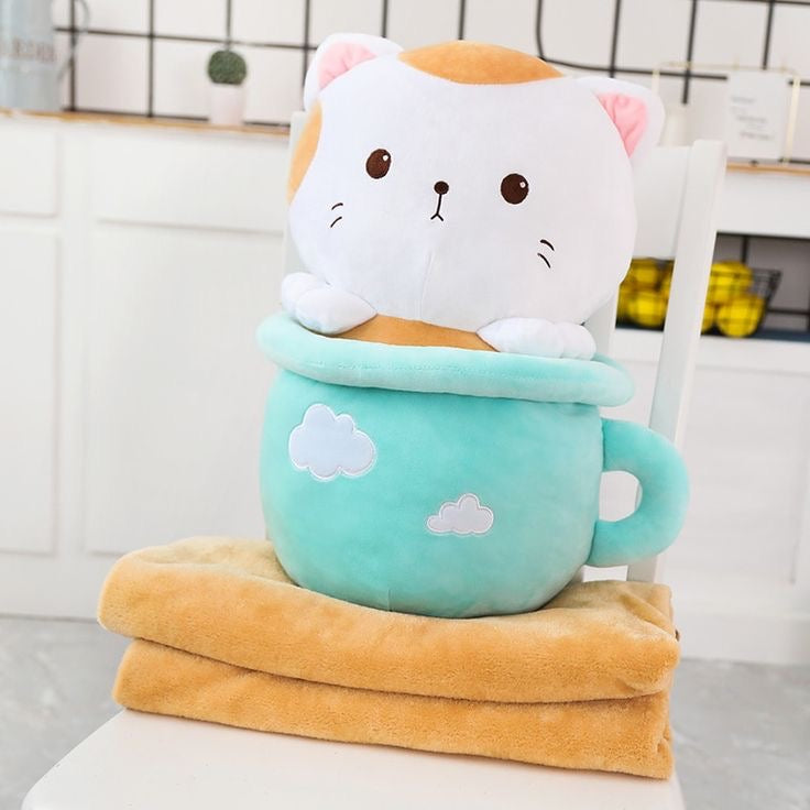 Cute Happy Teacup Cat Pillow Plushie with a Soft Blanket