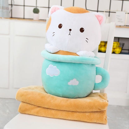 Cute Happy Teacup Cat Pillow Plushie with a Soft Blanket