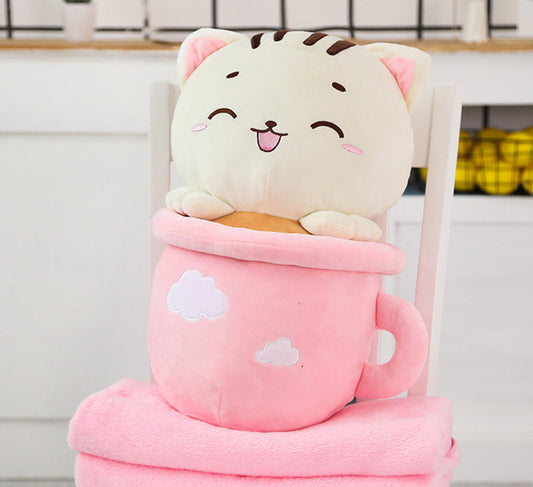 Cute Happy Teacup Cat Pillow Plushie with a Soft Blanket
