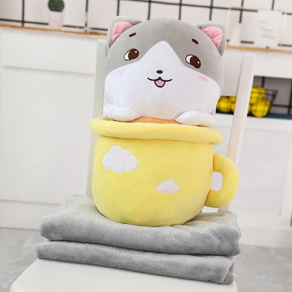 Cute Happy Teacup Cat Pillow Plushie with a Soft Blanket