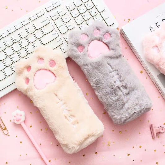 Cute Plush Cat's Paw Pencil Case for School