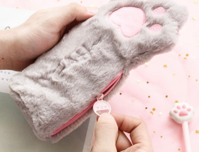 Cute Plush Cat's Paw Pencil Case for School