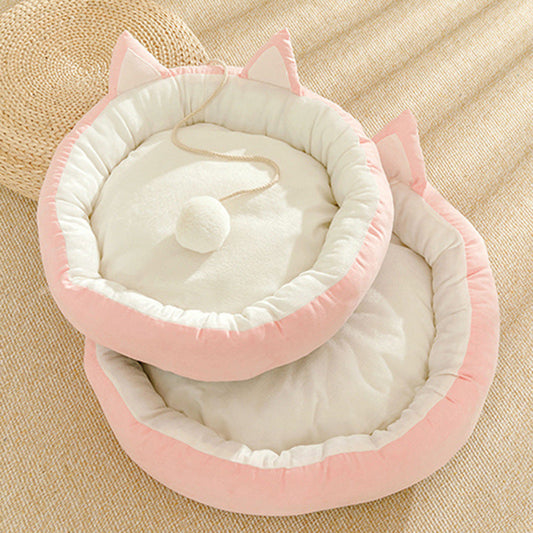 Pink Cat Bed Open Design with Ears and Playful Pompom