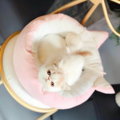 Pink Cat Bed Open Design with Ears and Playful Pompom