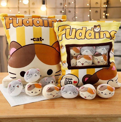 Stress-Relief Pudding Kitties Yellow Pillow